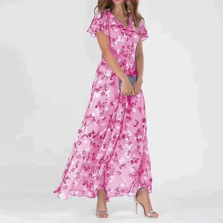 Women’s Elegant Floral V-Neck Maxi Dress Pink