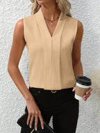 Women’s Elegant Sleeveless Blouse with Pleated Front Beige