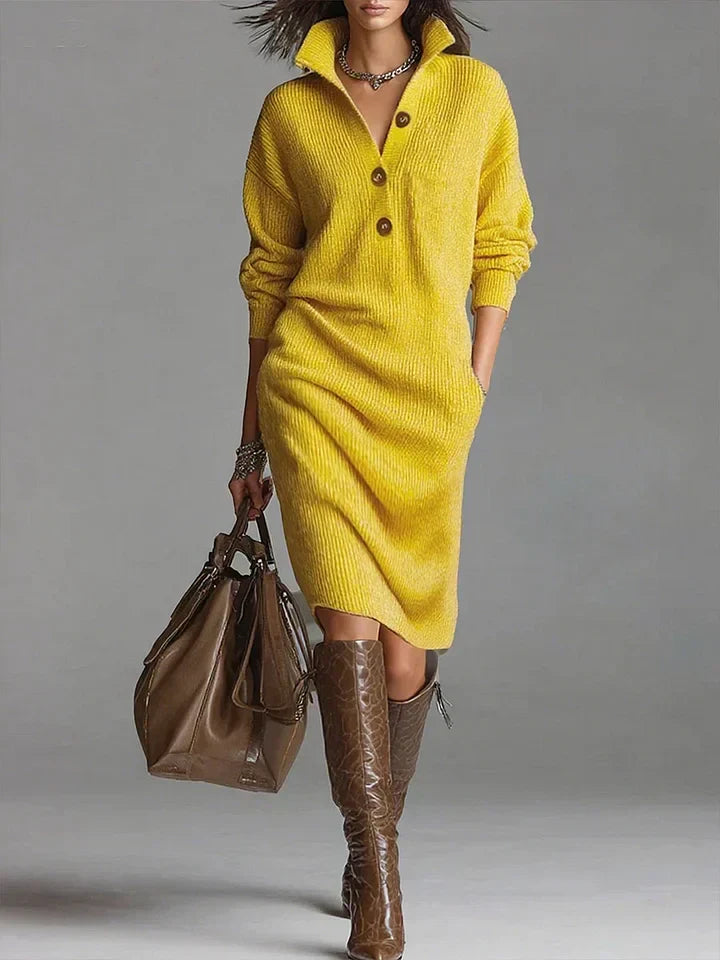 Women’s Stylish Midi Dress with Button Closure and Comfortable Fit Yellow