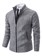 Men’s Ribbed Knit Full-Zip Cardigan with Stand Collar Gray