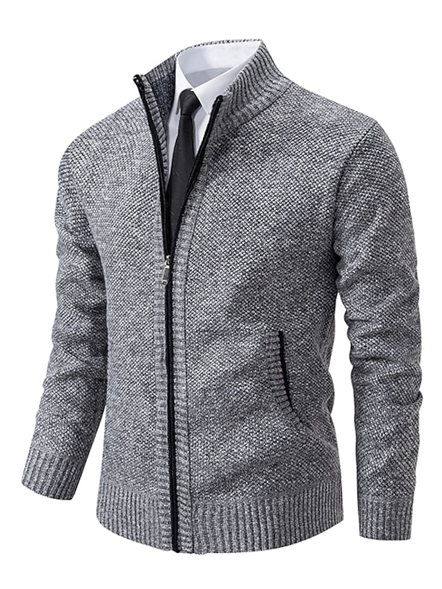 Men’s Ribbed Knit Full-Zip Cardigan with Stand Collar Gray