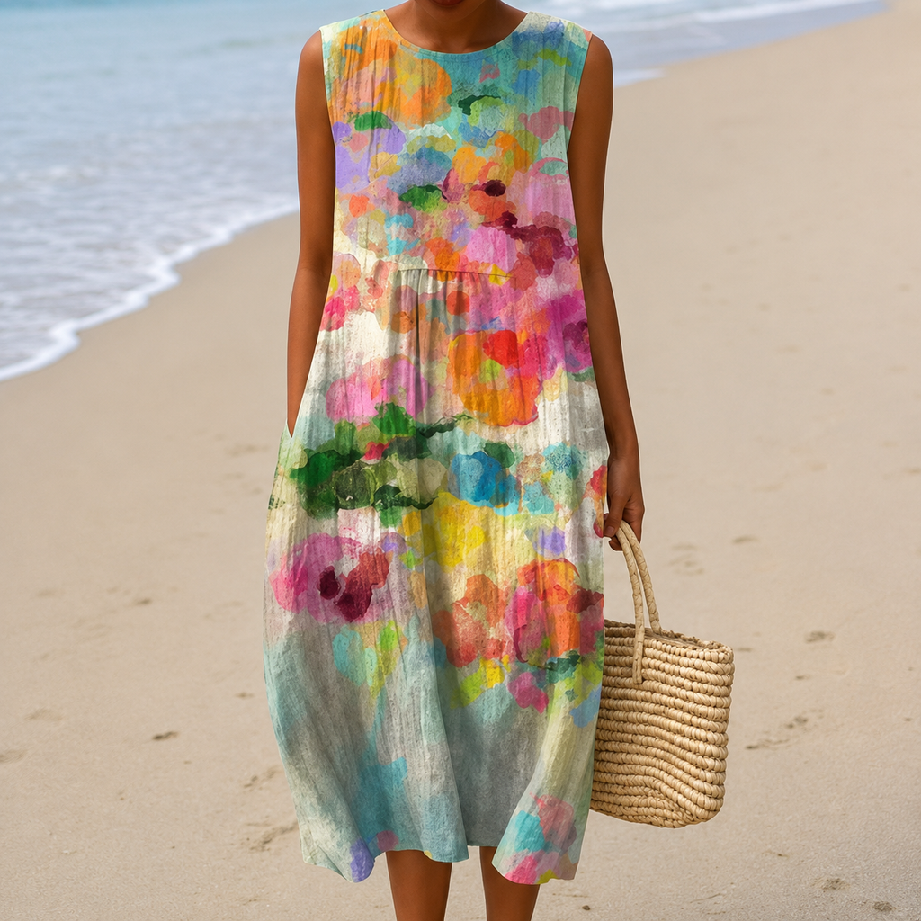 Women's midi dress in multicolour with a floral print, styled for casual and smart-casual outfits.