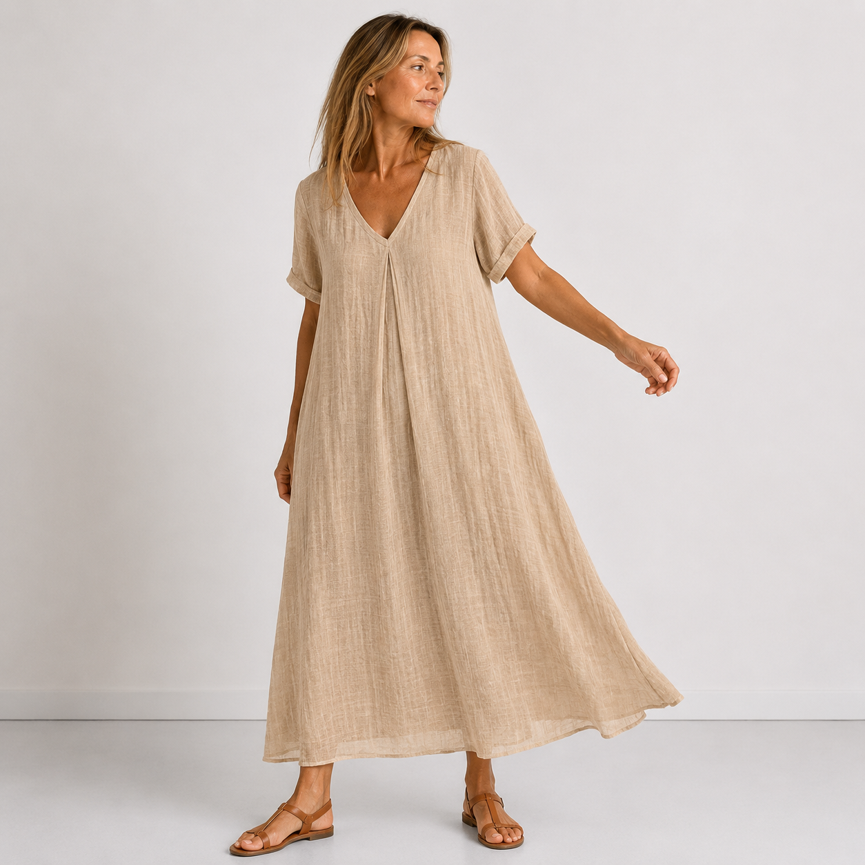 Women's maxi dress in apricot with V-neckline, styled for casual and smart-casual outfits.