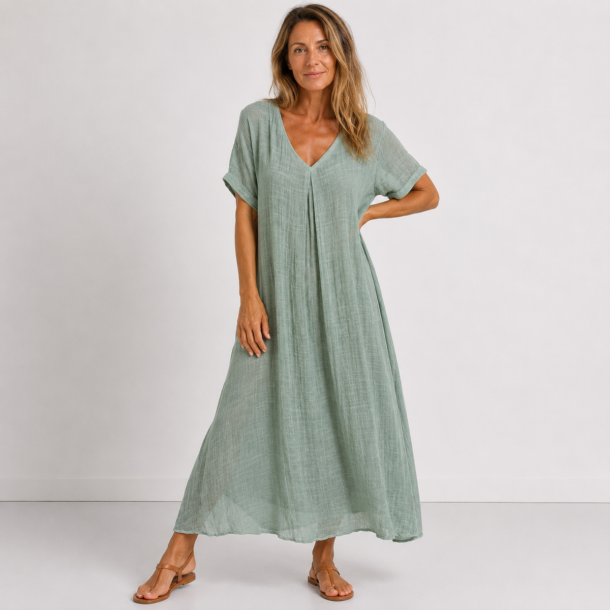 Women's maxi dress in peacock green with V-neckline, styled for casual and smart-casual outfits.