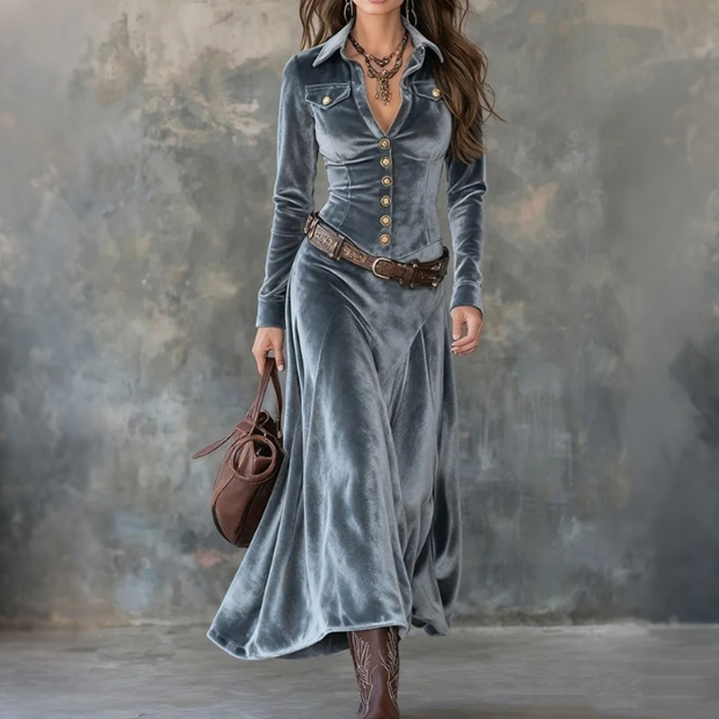 Women's maxi dress in blue with V-neck and button detail, styled for casual and smart-casual outfits.
