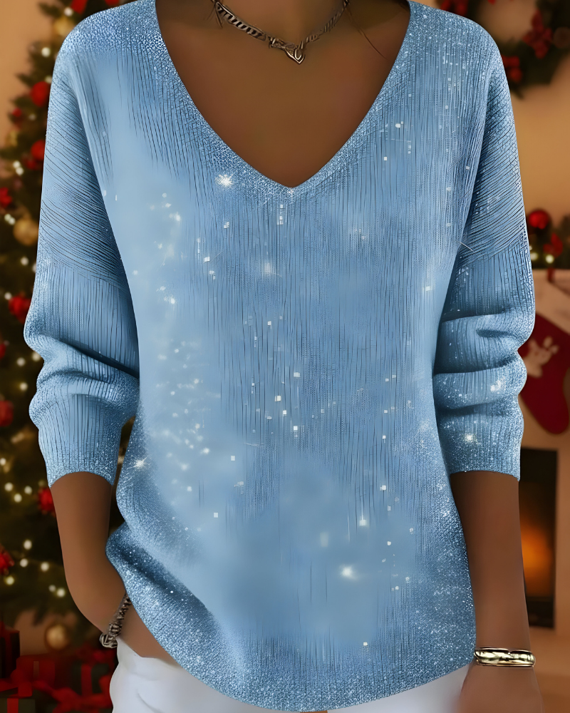 Women's knitted jumper in light blue with glitter ribbed knit, styled for casual and smart-casual outfits.