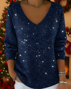 Women's knitted jumper in navy with glitter ribbed knit, styled for casual and smart-casual outfits.