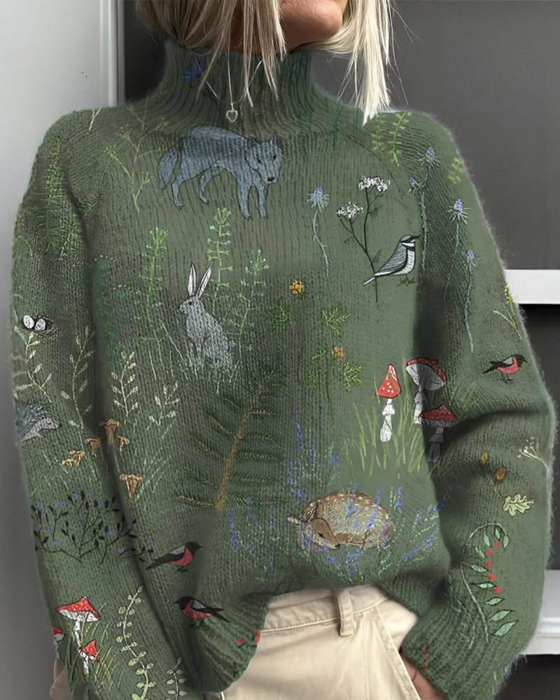 Women's knitted jumper in green with graphic print, styled for casual and smart-casual outfits.