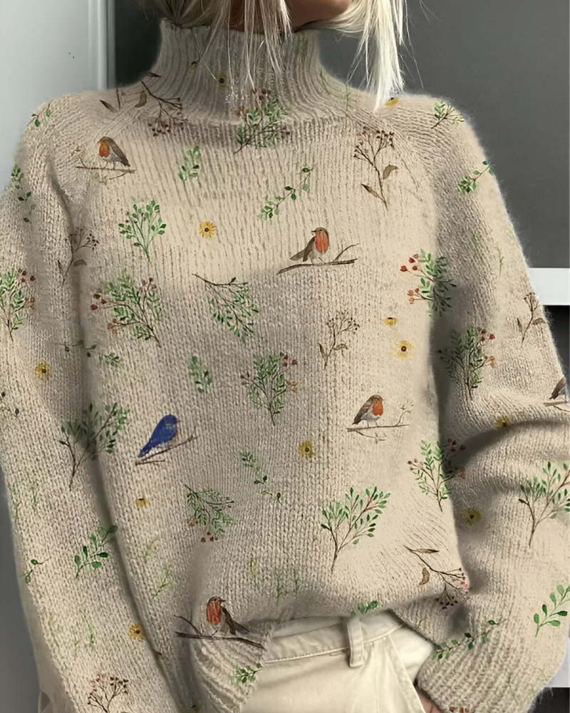 Women's knitted jumper in khaki with graphic print, styled for casual and smart-casual outfits.