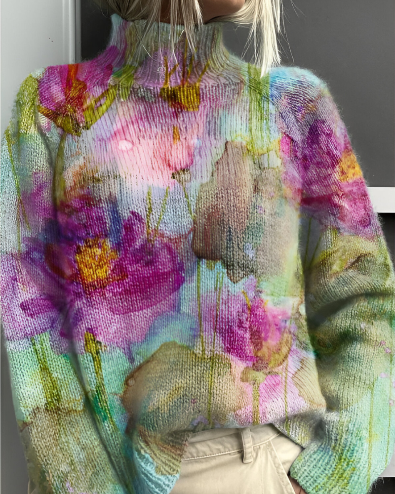 Women's knitted jumper in multicolour with graphic print, styled for casual and smart-casual outfits.