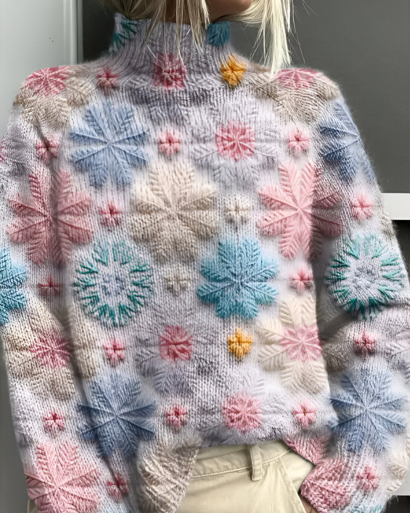 Women's knitted jumper in pink with graphic print, styled for casual and smart-casual outfits.