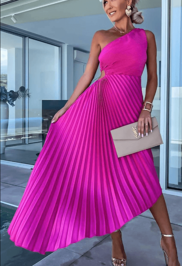 Women’s Elegant One Shoulder Pleated Maxi Dress Pink