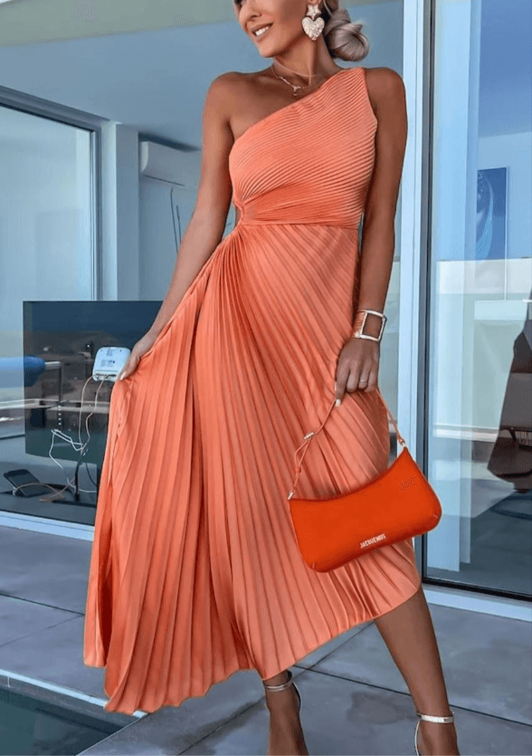 Women’s Elegant One Shoulder Pleated Maxi Dress Orange