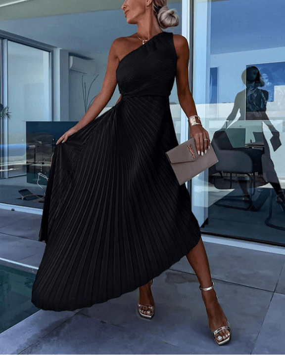Women’s Elegant One Shoulder Pleated Maxi Dress Black