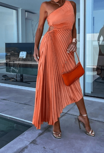 Women’s Elegant One Shoulder Pleated Maxi Dress
