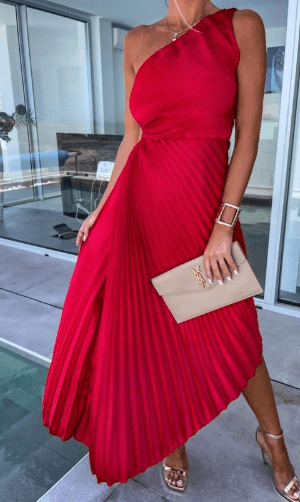 Women’s Elegant One Shoulder Pleated Maxi Dress Red