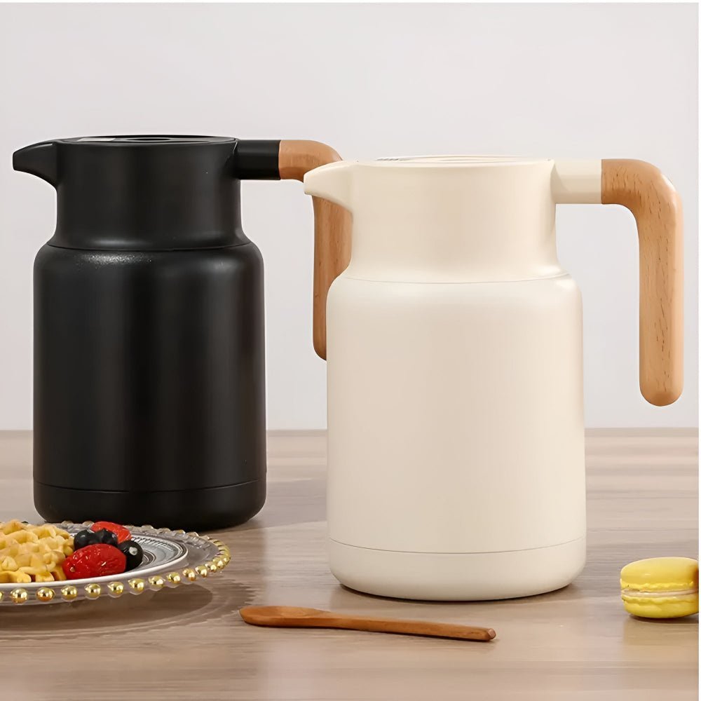 Modern Insulated Carafe with Wooden Handle for Hot Drinks