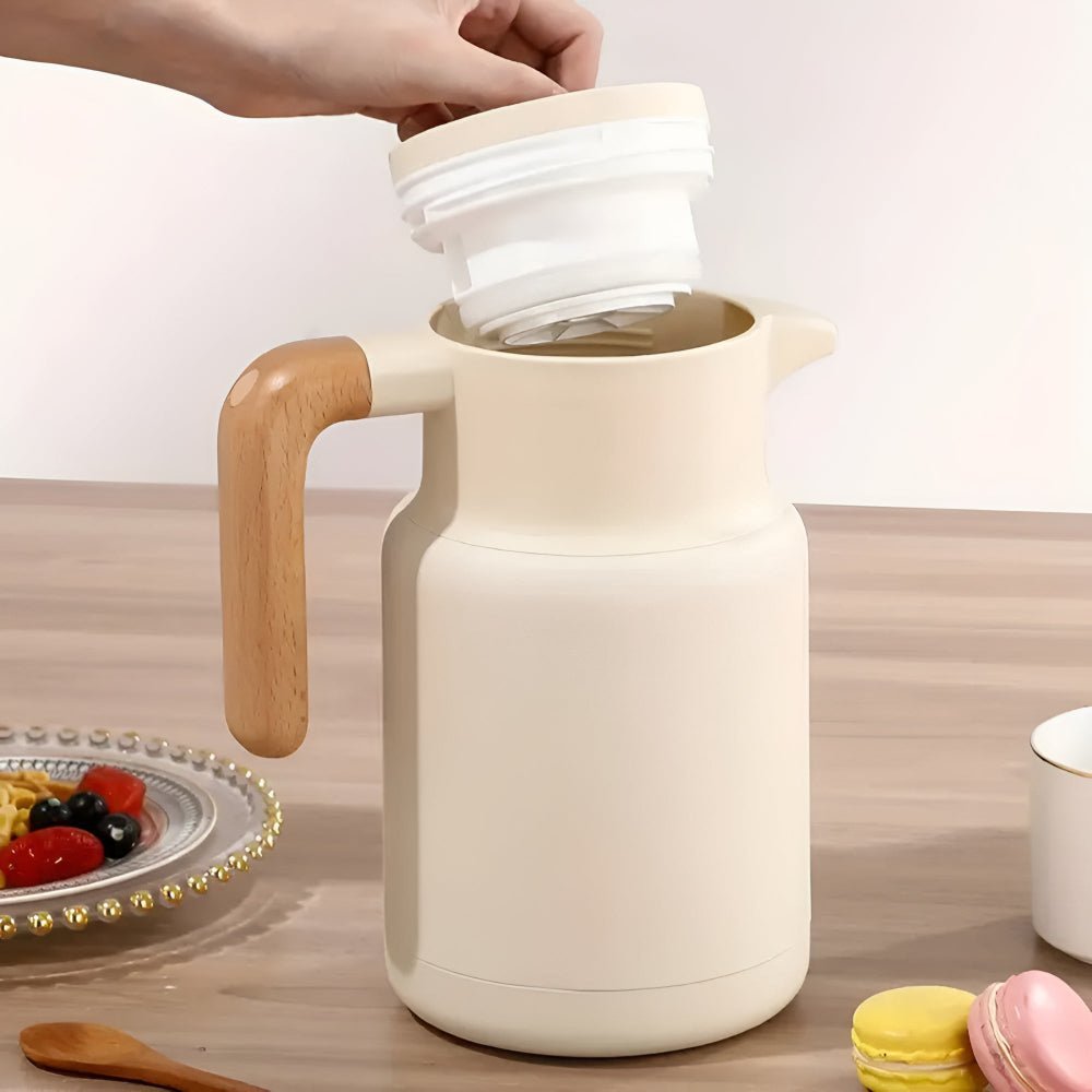 Modern Insulated Carafe with Wooden Handle for Hot Drinks