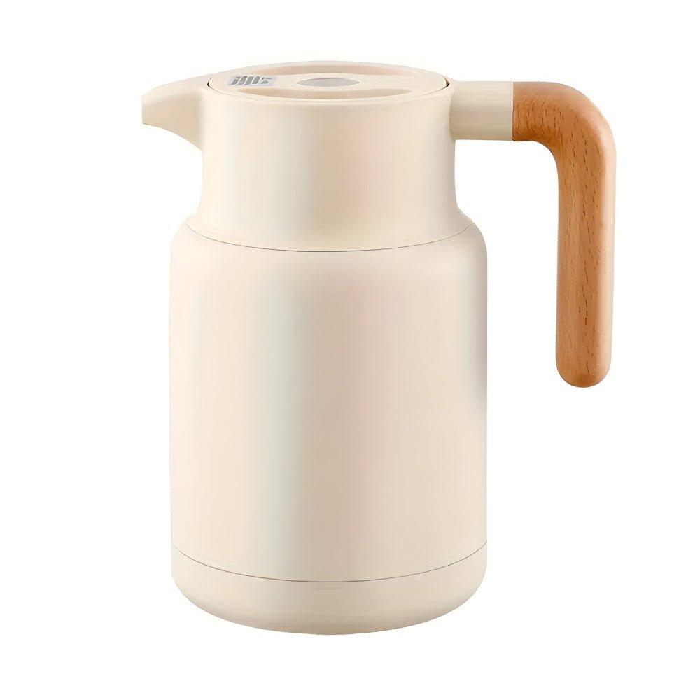 Modern Insulated Carafe with Wooden Handle for Hot Drinks Off-White