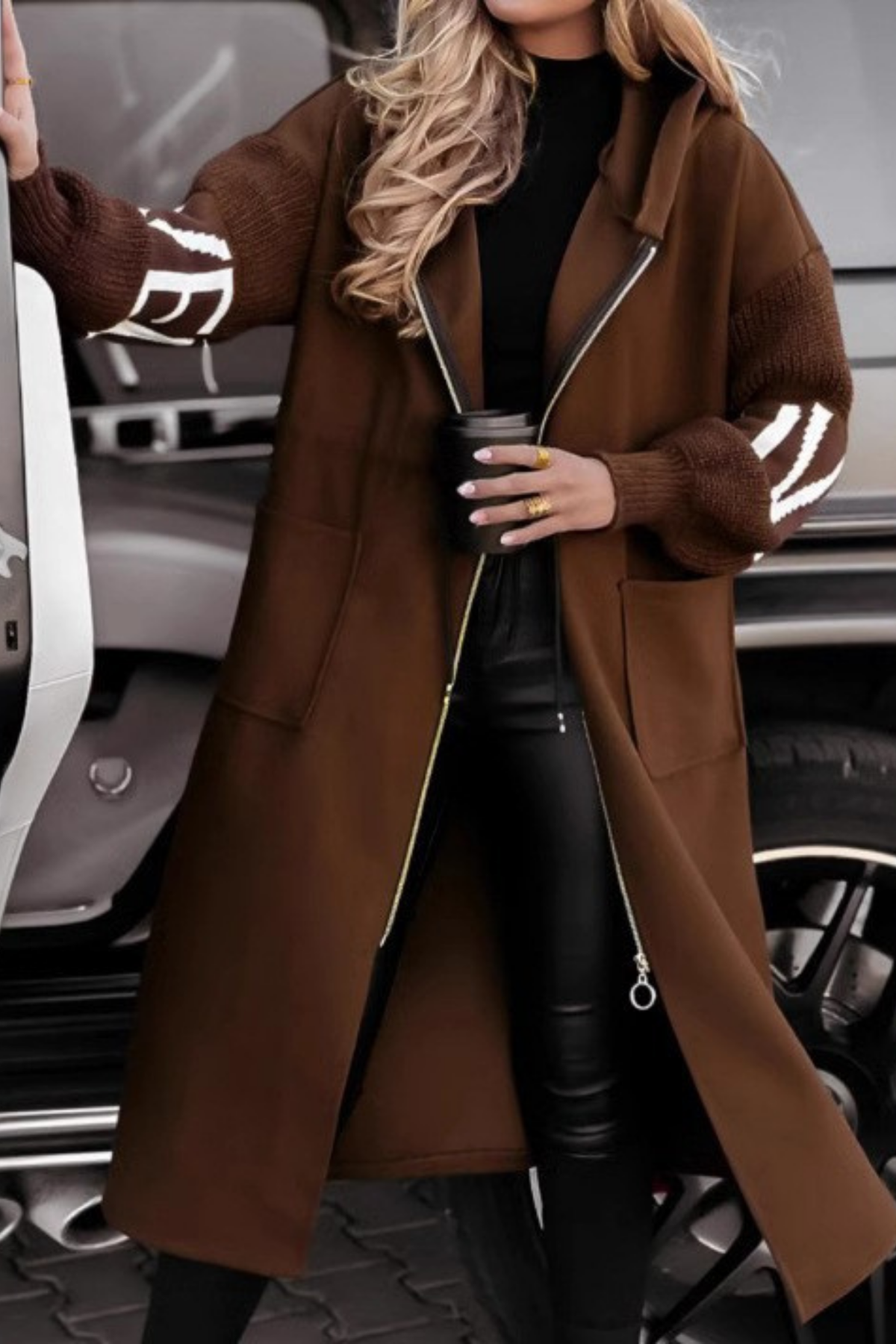 Women’s Hooded Jacket with Knitted Sleeves Brown