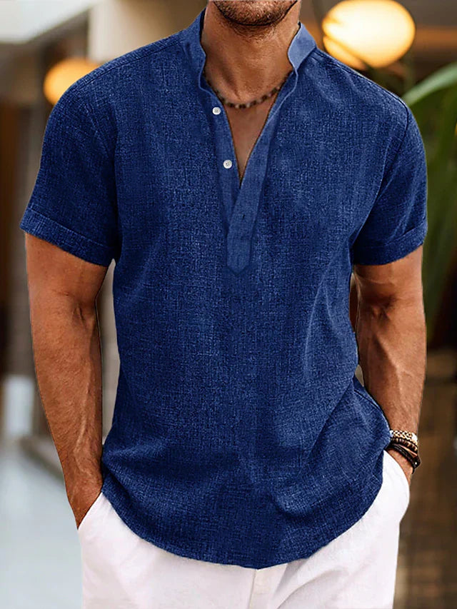 Men’s Classic Short Sleeve Henley Shirt for Summer Casual Wear Blue