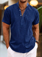 Men’s Classic Short Sleeve Henley Shirt for Summer Casual Wear Blue