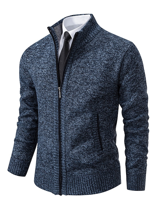 Men’s Ribbed Knit Full-Zip Cardigan with Stand Collar Navy