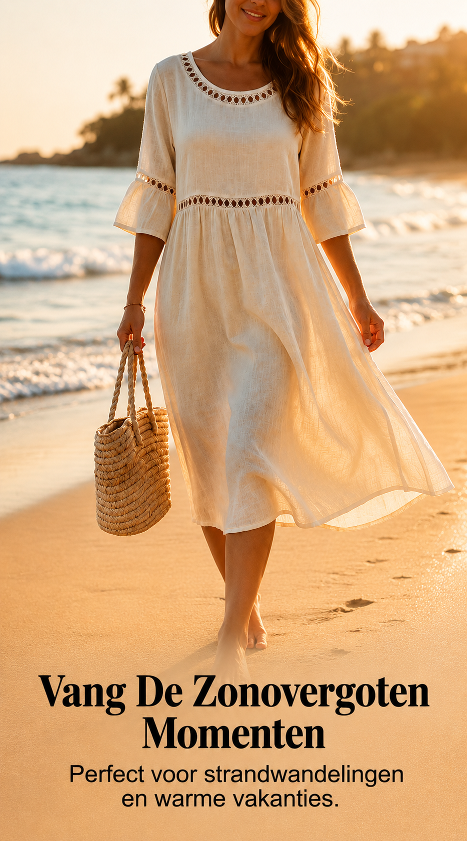 Women's midi dress in white with lace trim, styled for casual and smart-casual outfits.