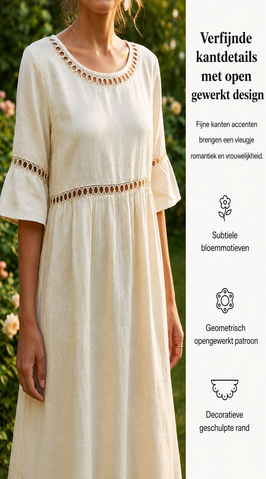 Women's midi dress in white with lace trim, styled for casual and smart-casual outfits.