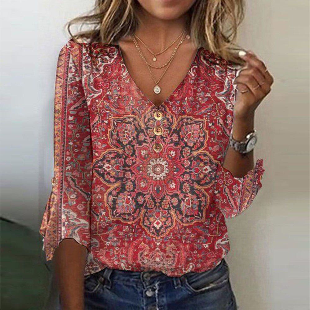Women’s Bohemian Print Blouse – Relaxed Summer Style Red