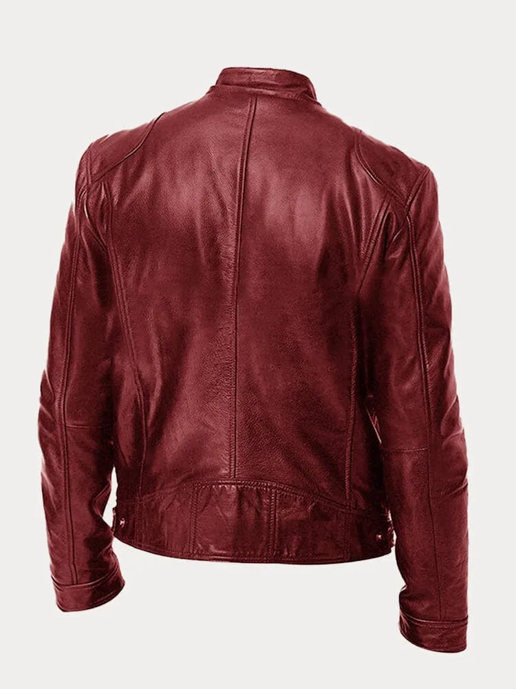 Men's faux leather jacket in black with biker collar, styled for casual and smart-casual outfits.