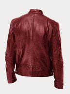 Men's faux leather jacket in black with biker collar, styled for casual and smart-casual outfits.