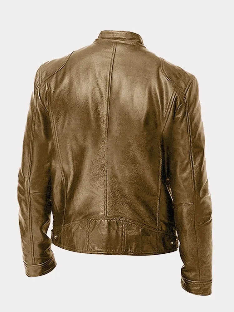 Men's faux leather jacket in black with biker collar, styled for casual and smart-casual outfits.
