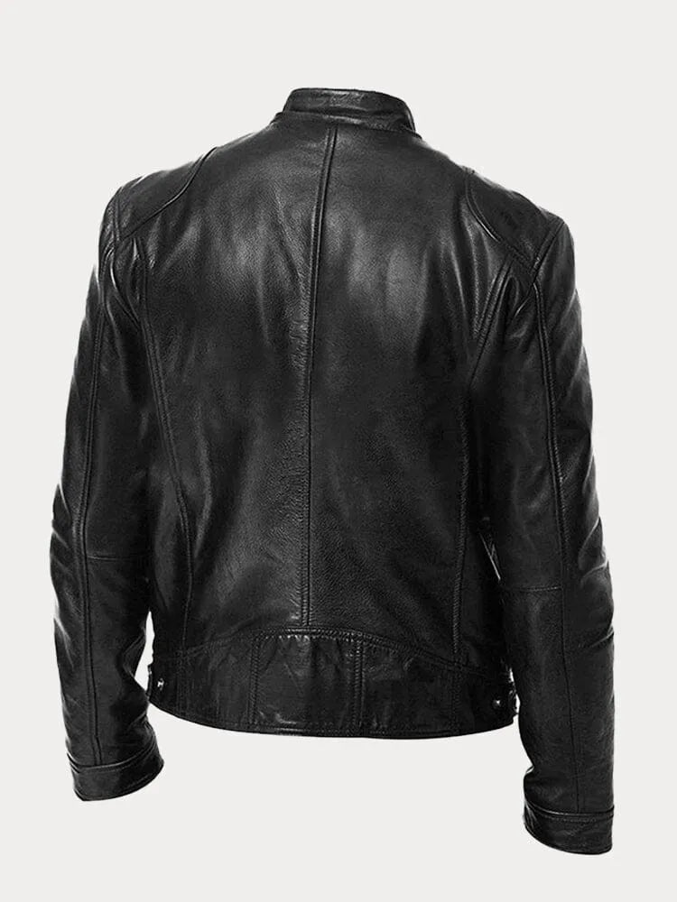 Men's faux leather jacket in black with biker collar, styled for casual and smart-casual outfits.