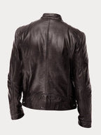 Men's faux leather jacket in black with biker collar, styled for casual and smart-casual outfits.