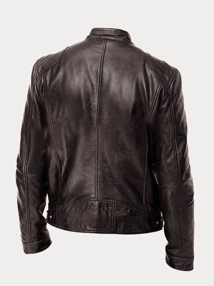 Men's faux leather jacket in black with biker collar, styled for casual and smart-casual outfits.