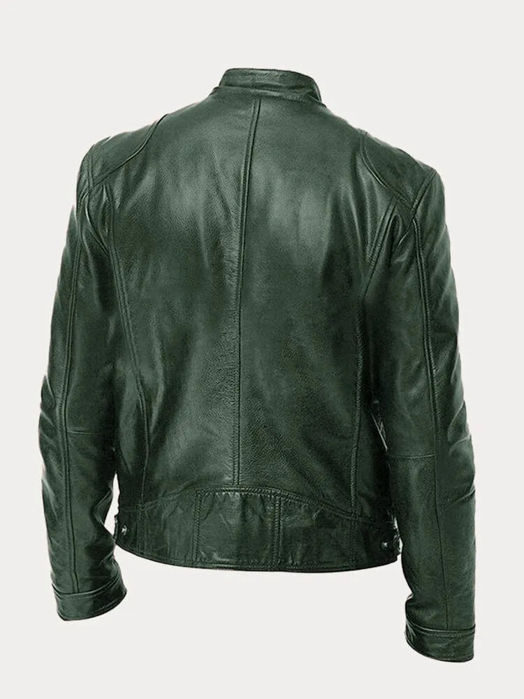 Men's faux leather jacket in black with biker collar, styled for casual and smart-casual outfits.