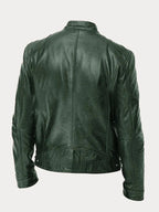 Men's faux leather jacket in black with biker collar, styled for casual and smart-casual outfits.