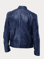 Men's faux leather jacket in black with biker collar, styled for casual and smart-casual outfits.