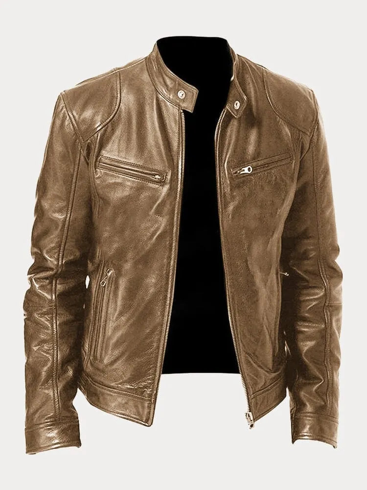 Men's faux leather jacket in beige with zip fastening, styled for casual and smart-casual outfits.