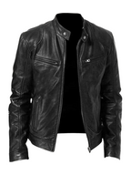Men's faux leather jacket in black with biker collar, styled for casual and smart-casual outfits.