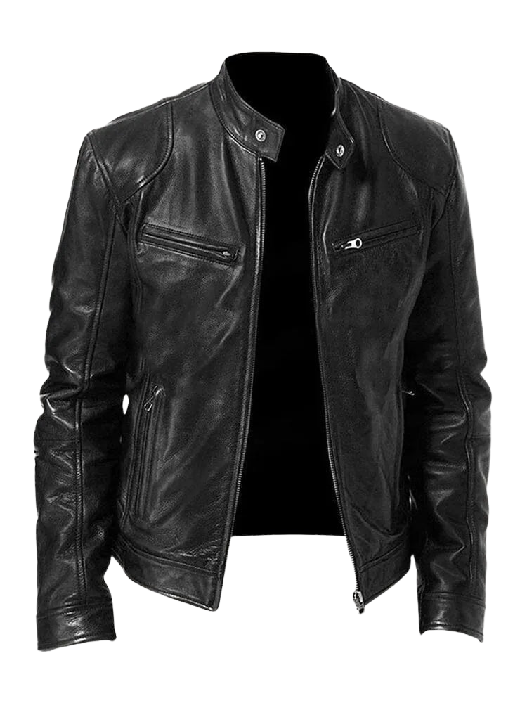 Men's faux leather jacket in black with biker collar, styled for casual and smart-casual outfits.