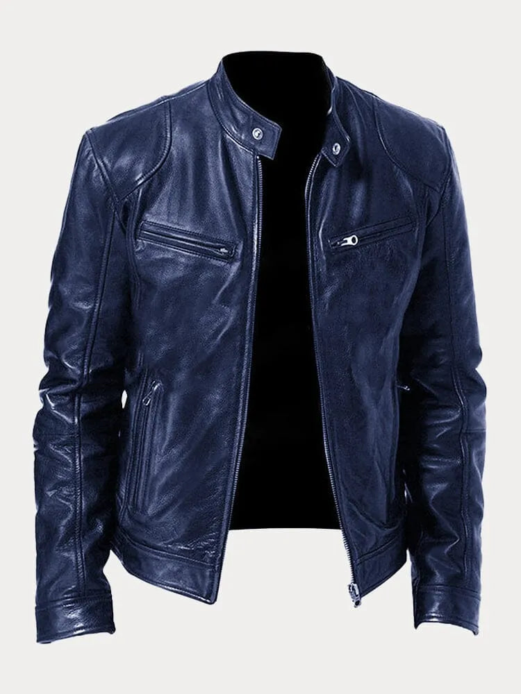 Men's faux leather jacket in blue with zip fastening, styled for casual and smart-casual outfits.