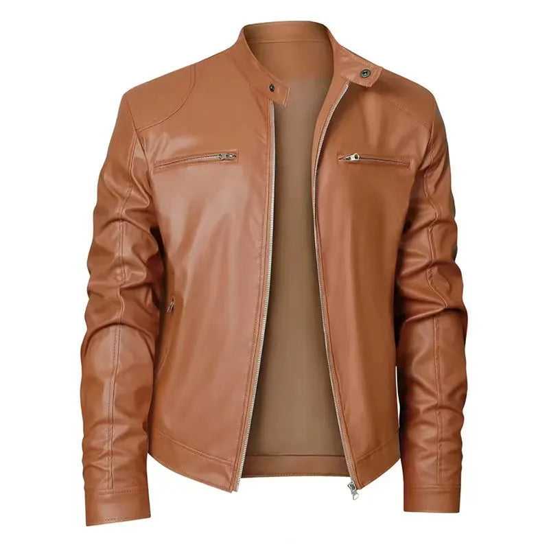 Men's faux leather jacket in brown with biker collar, styled for casual and smart-casual outfits.