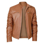 Men's faux leather jacket in brown with biker collar, styled for casual and smart-casual outfits.