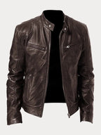 Men's faux leather jacket in dark brown with zip fastening, styled for casual and smart-casual outfits.
