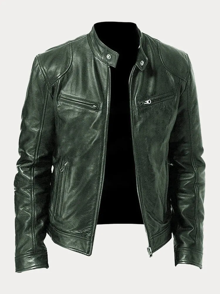 Men's faux leather jacket in green with biker collar, styled for casual and smart-casual outfits.