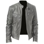 Men's faux leather jacket in grey with zip fastening, styled for casual and smart-casual outfits.