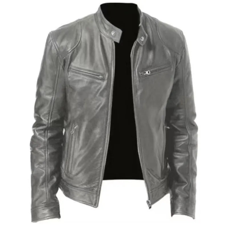 Men's faux leather jacket in grey with zip fastening, styled for casual and smart-casual outfits.
