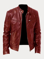 Men's faux leather jacket in red with biker collar, styled for casual and smart-casual outfits.